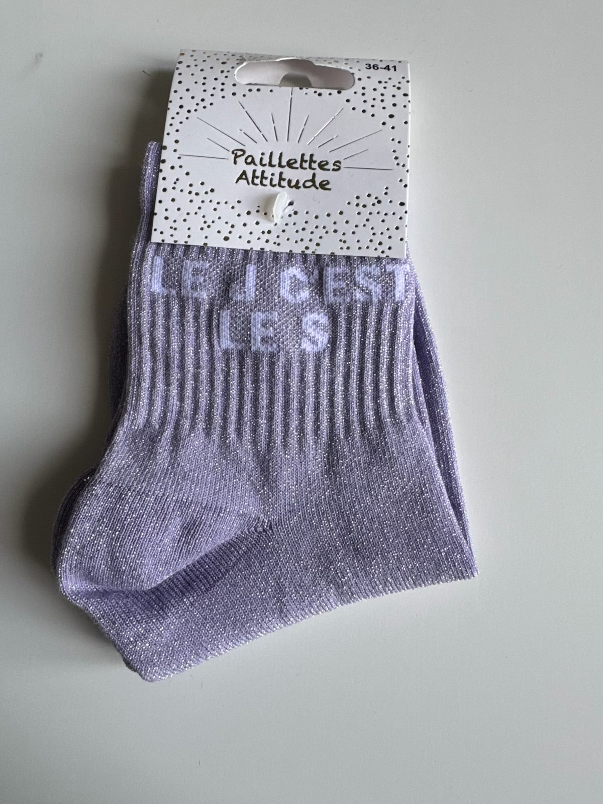 Chaussettes mauve Pailletée « Le J c’est le S  »