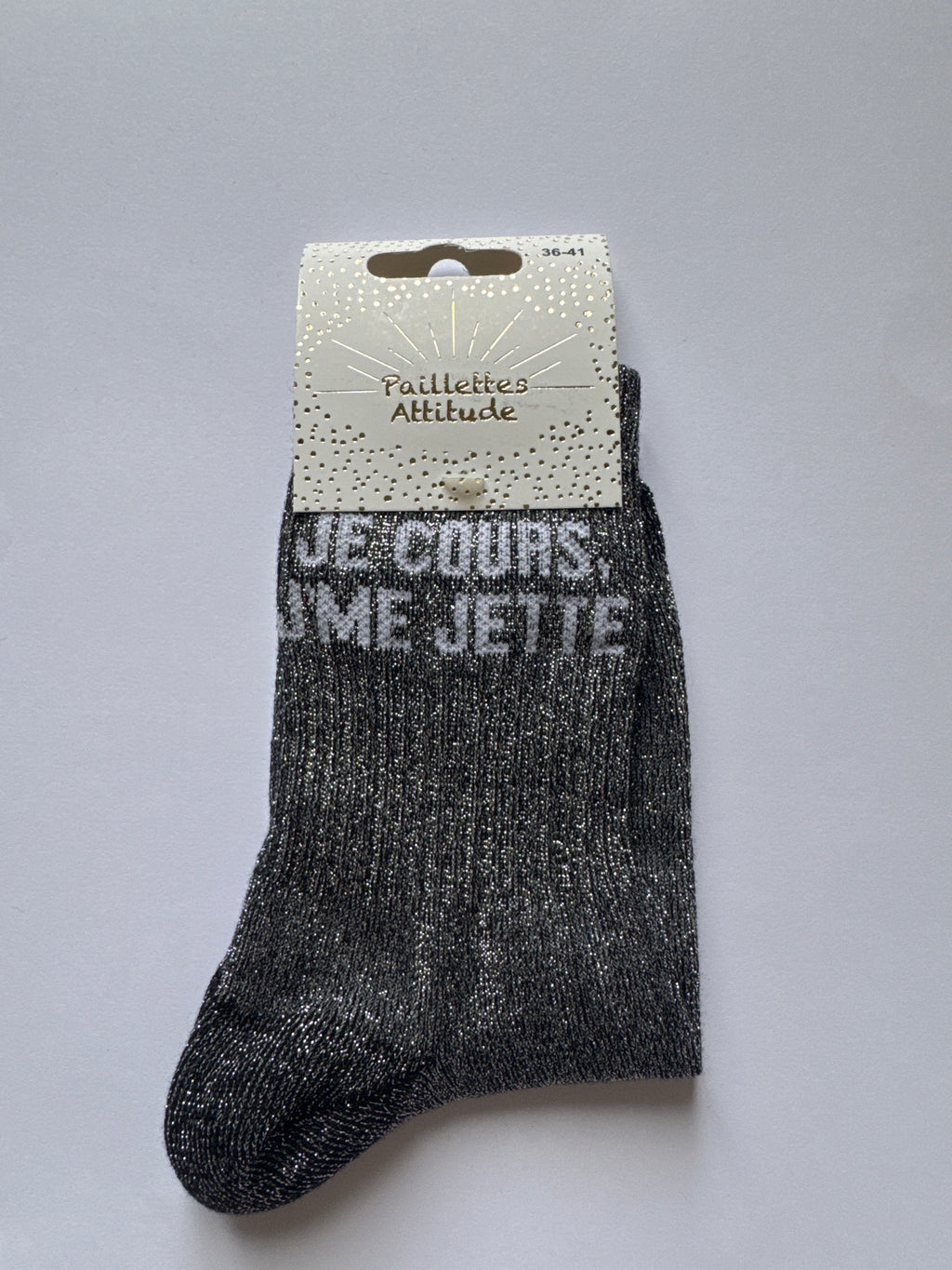 Chaussette de ville pailletée 36-41 JE COURS, J’ME JETTE
