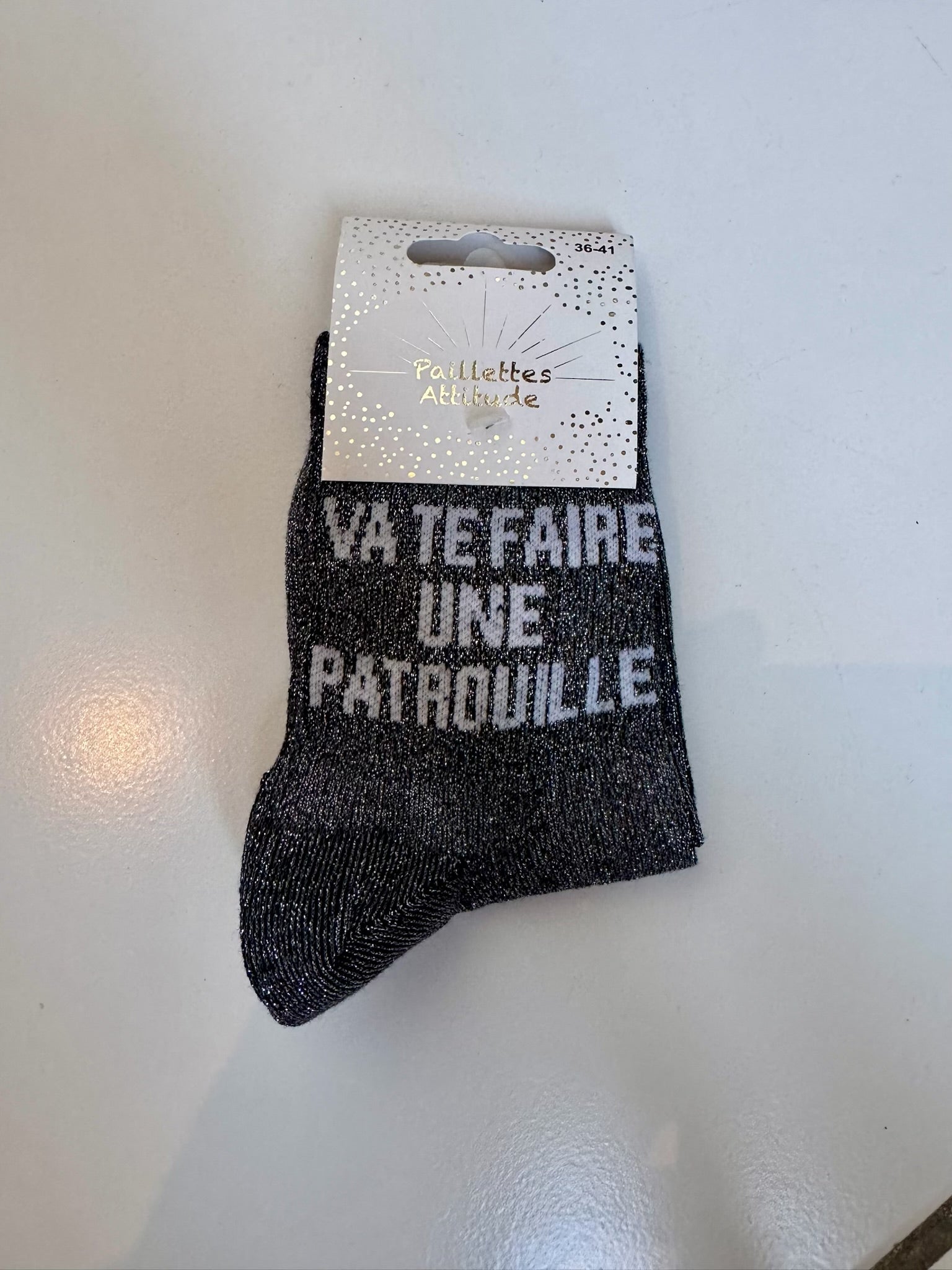 Chaussettes Noir Pailletée « Va te faire une patrouille »