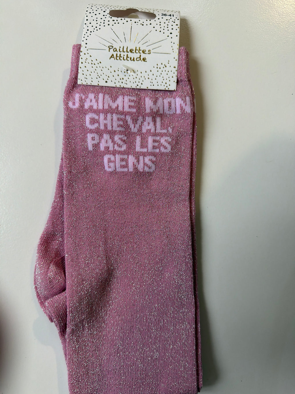 Chaussette pailletée équitation 36-41 J’AIME MON CHEVAL, PAS LES GENS