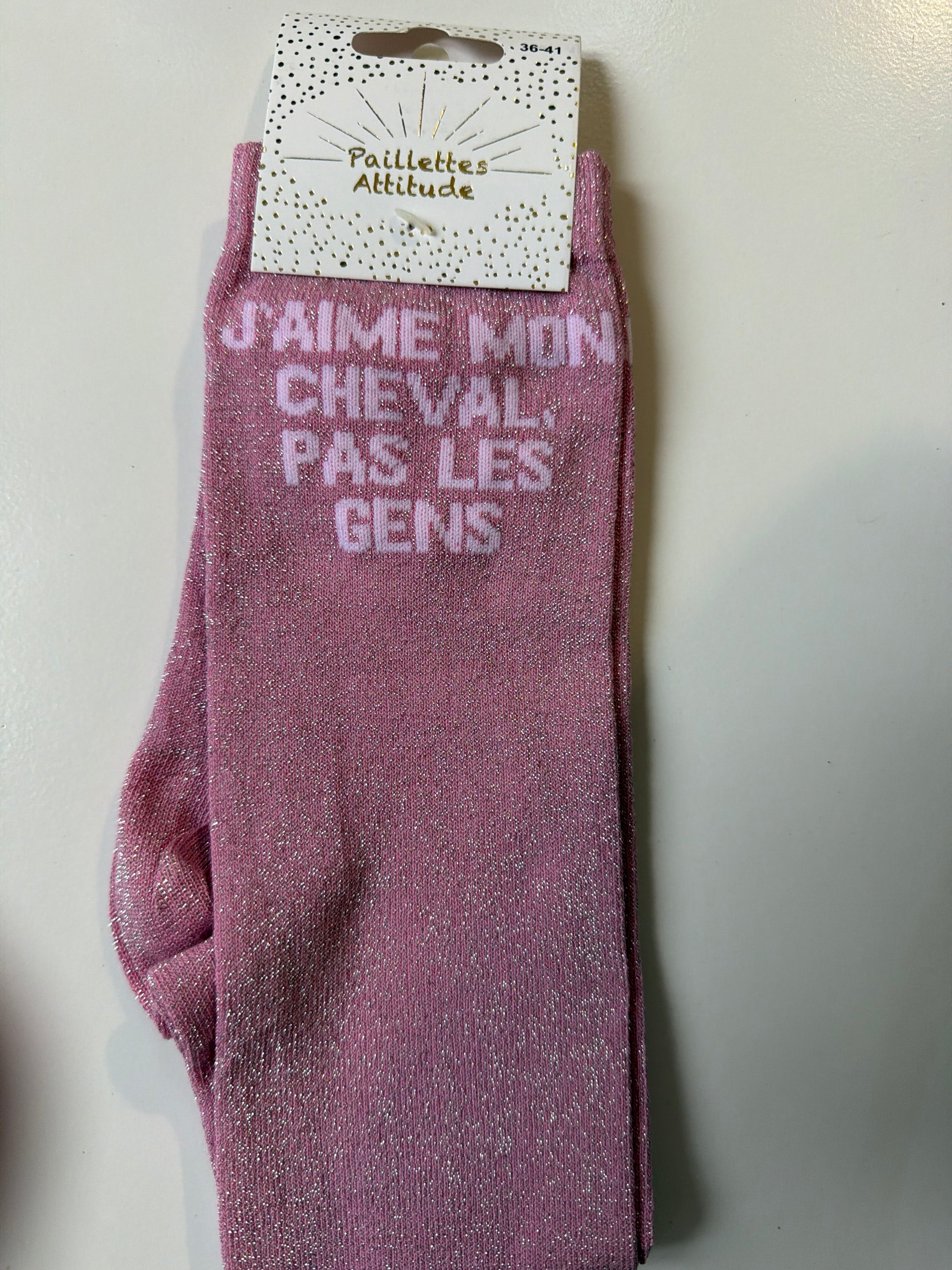 Chaussette pailletée équitation 36-41 J’AIME MON CHEVAL, PAS LES GENS