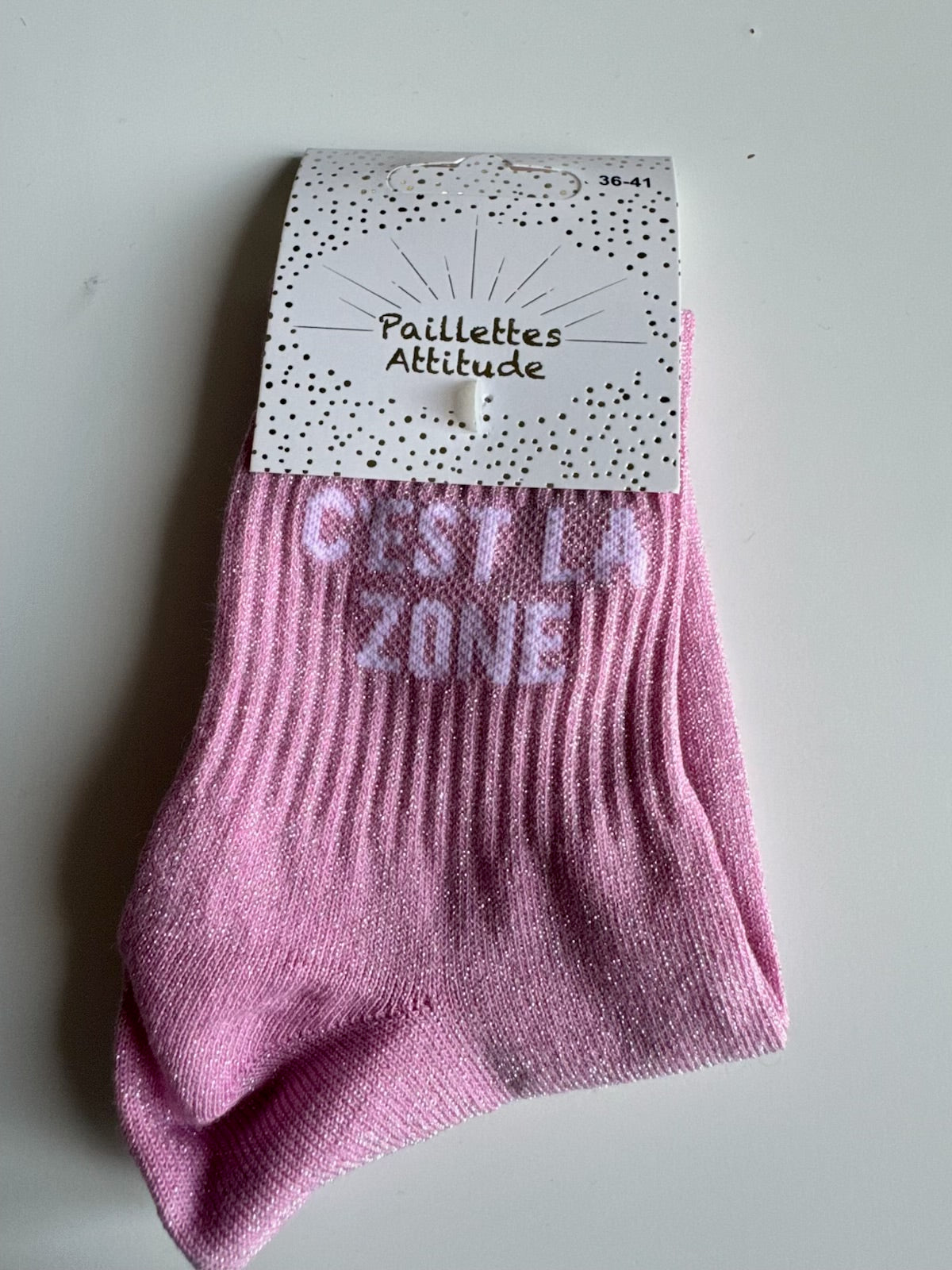 Chaussettes Rose Pailletée « C’est la zone  »