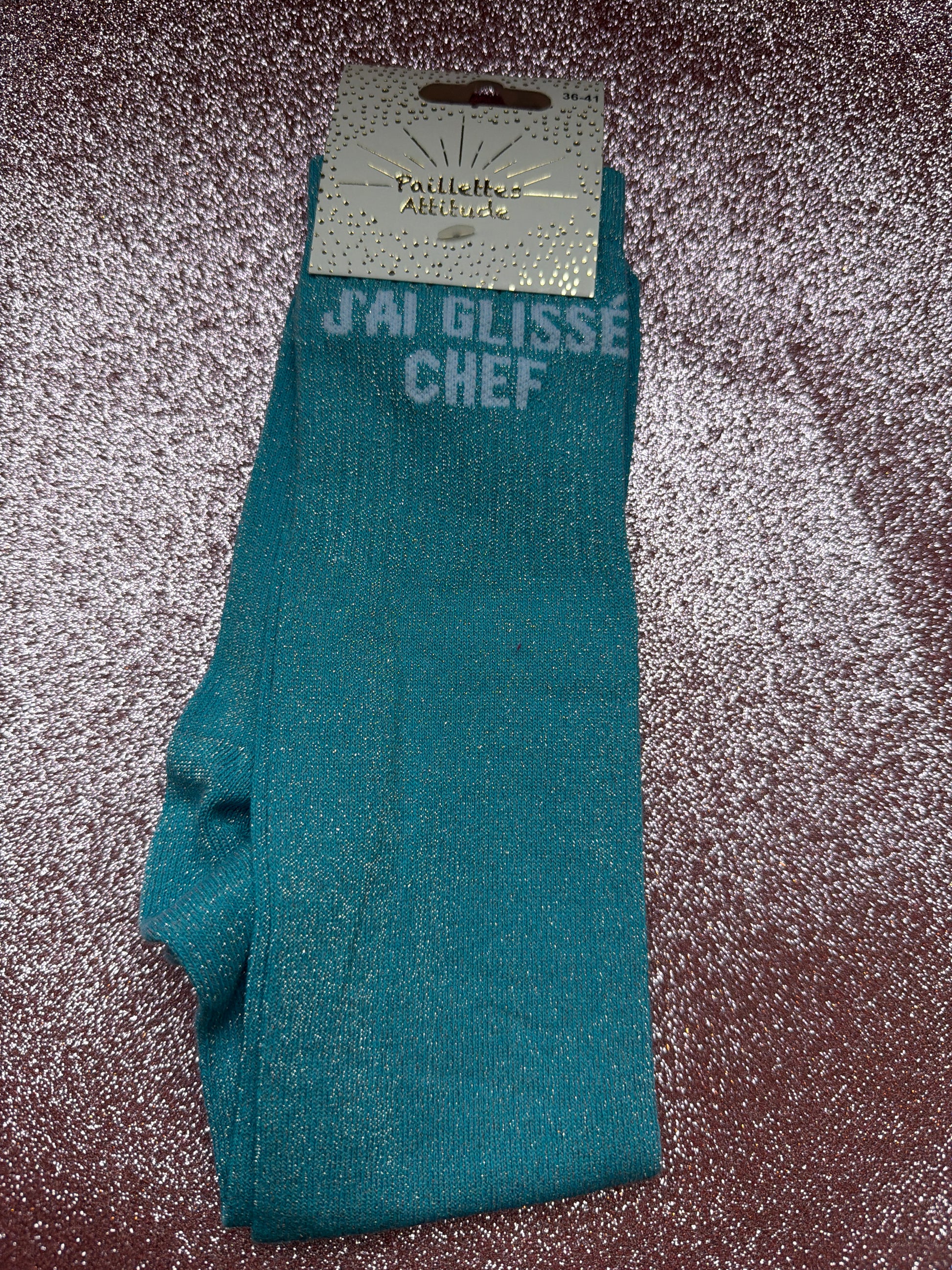 Chaussette pailletée équitation « j’ai glissé chef »
