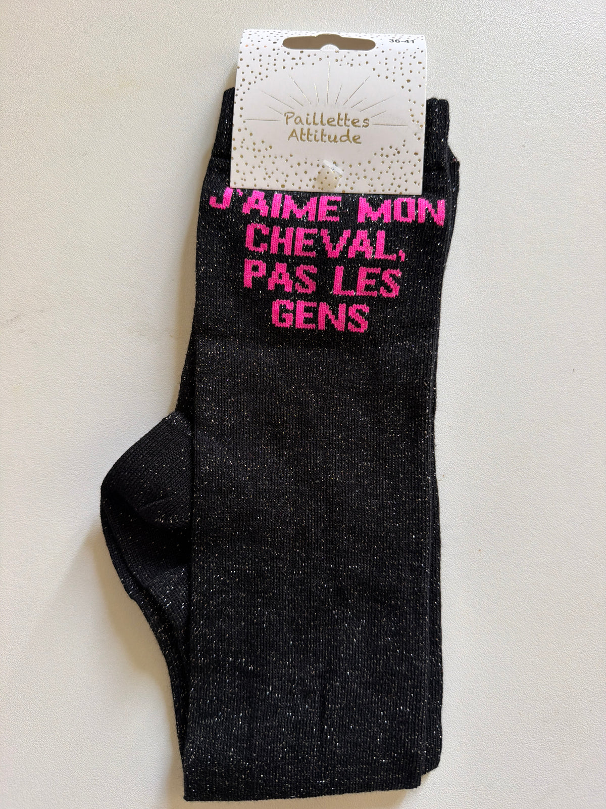 Chaussette pailletée équitation 36-41 J’AIME MON CHEVAL, PAS LES GENS
