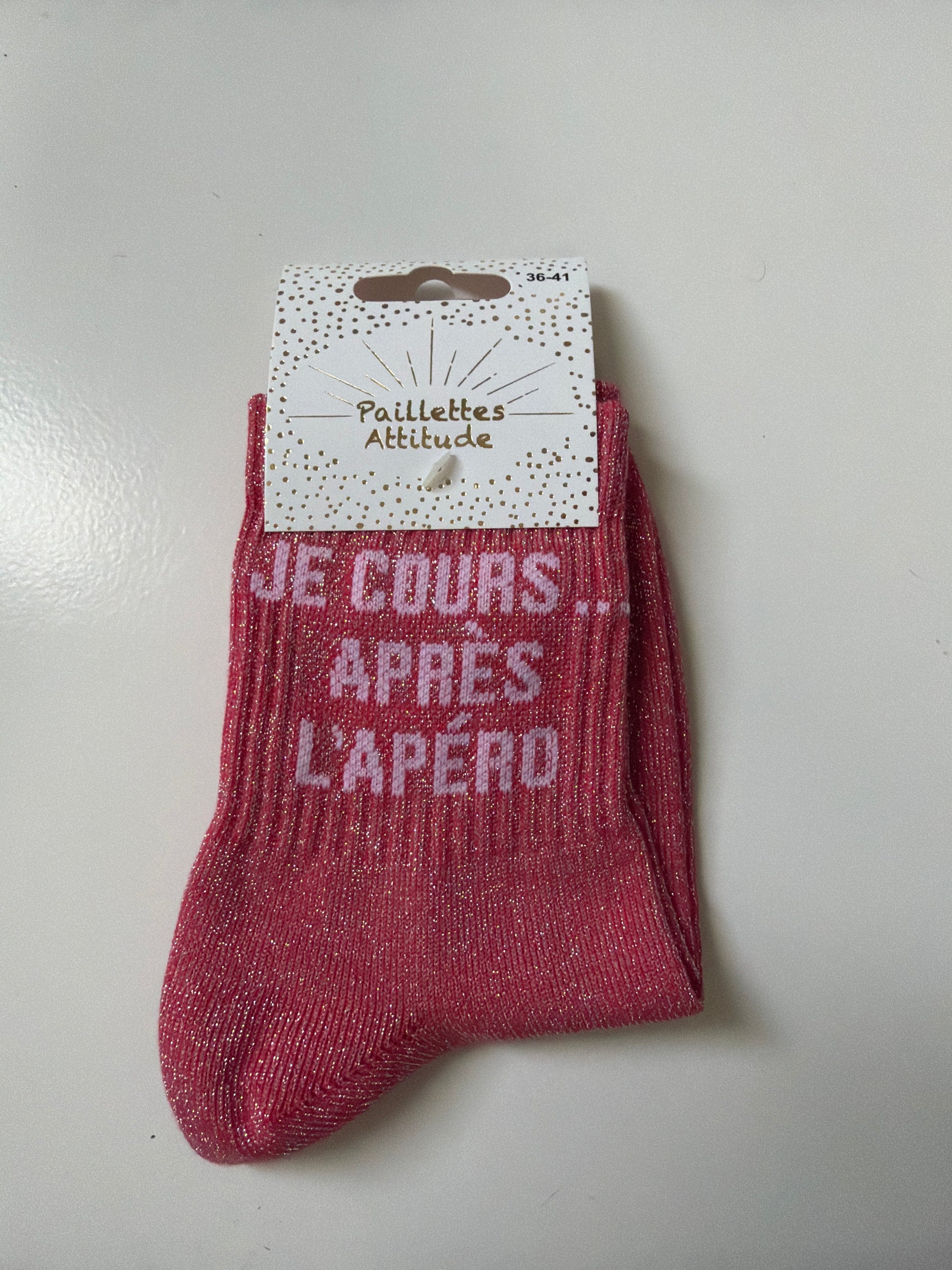 Chaussette de ville pailletée 36-41 JE COURS … APRÈS L’APÉRO