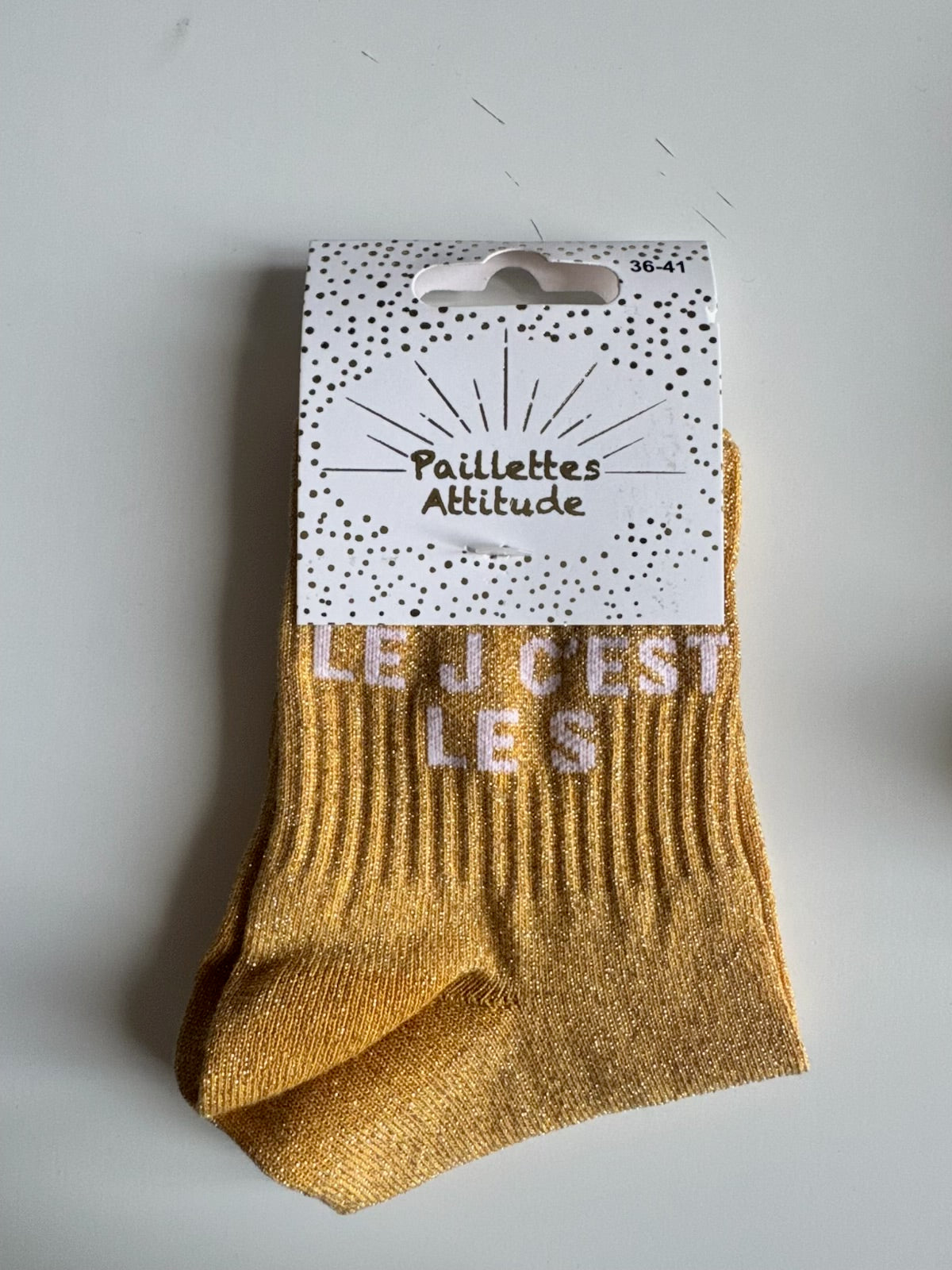 Chaussettes jaune Pailletée « Le J c’est le S  »