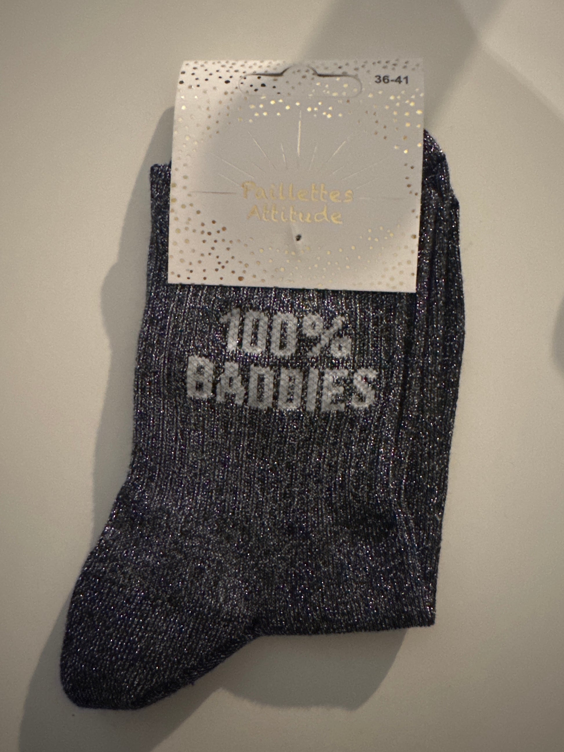 ✨ Chaussettes Pailletées Femme – « 100% BADDIES » – Taille 36/41