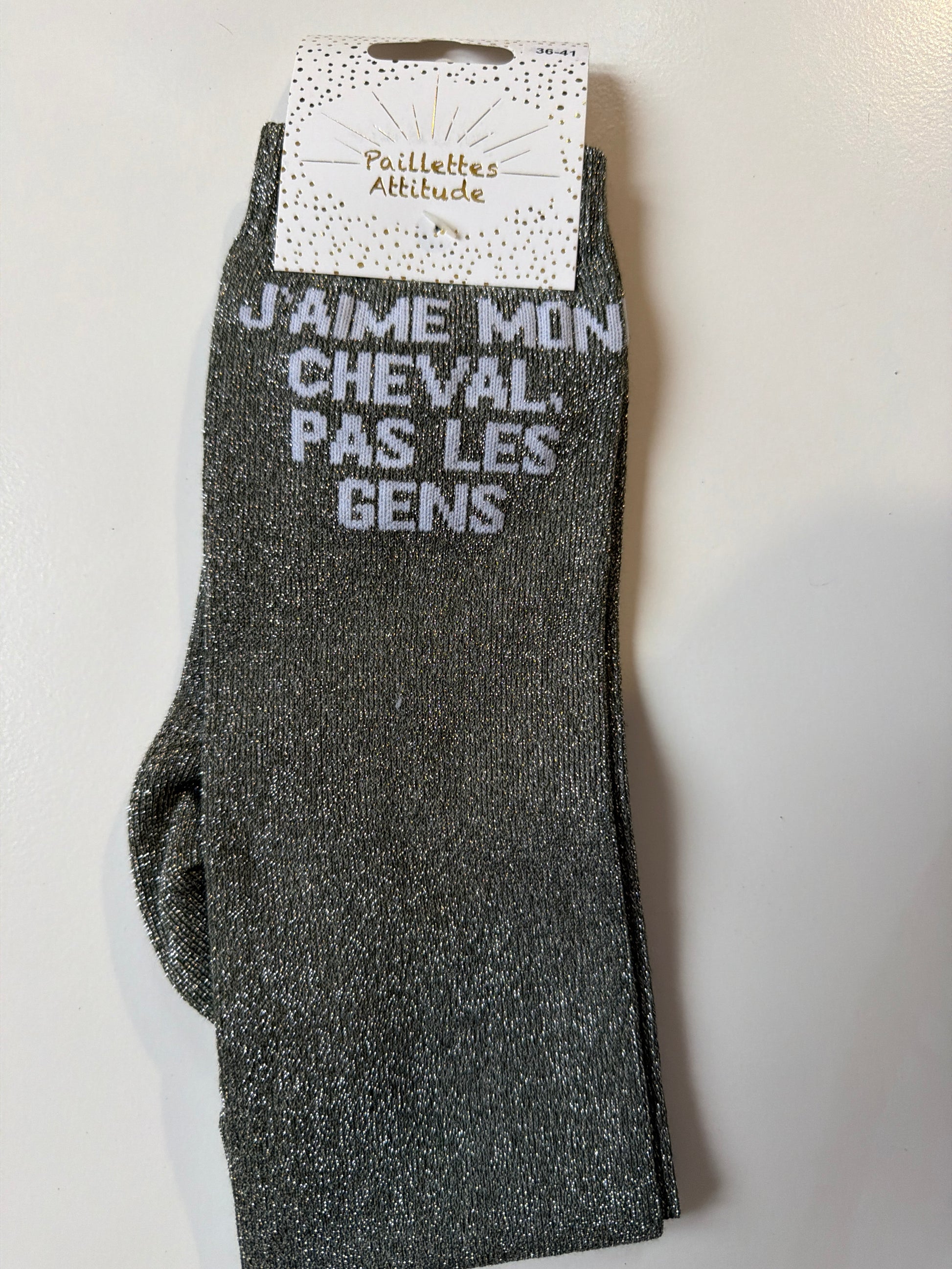 Chaussette pailletée équitation 36-41 J’AIME MON CHEVAL, PAS LES GENS
