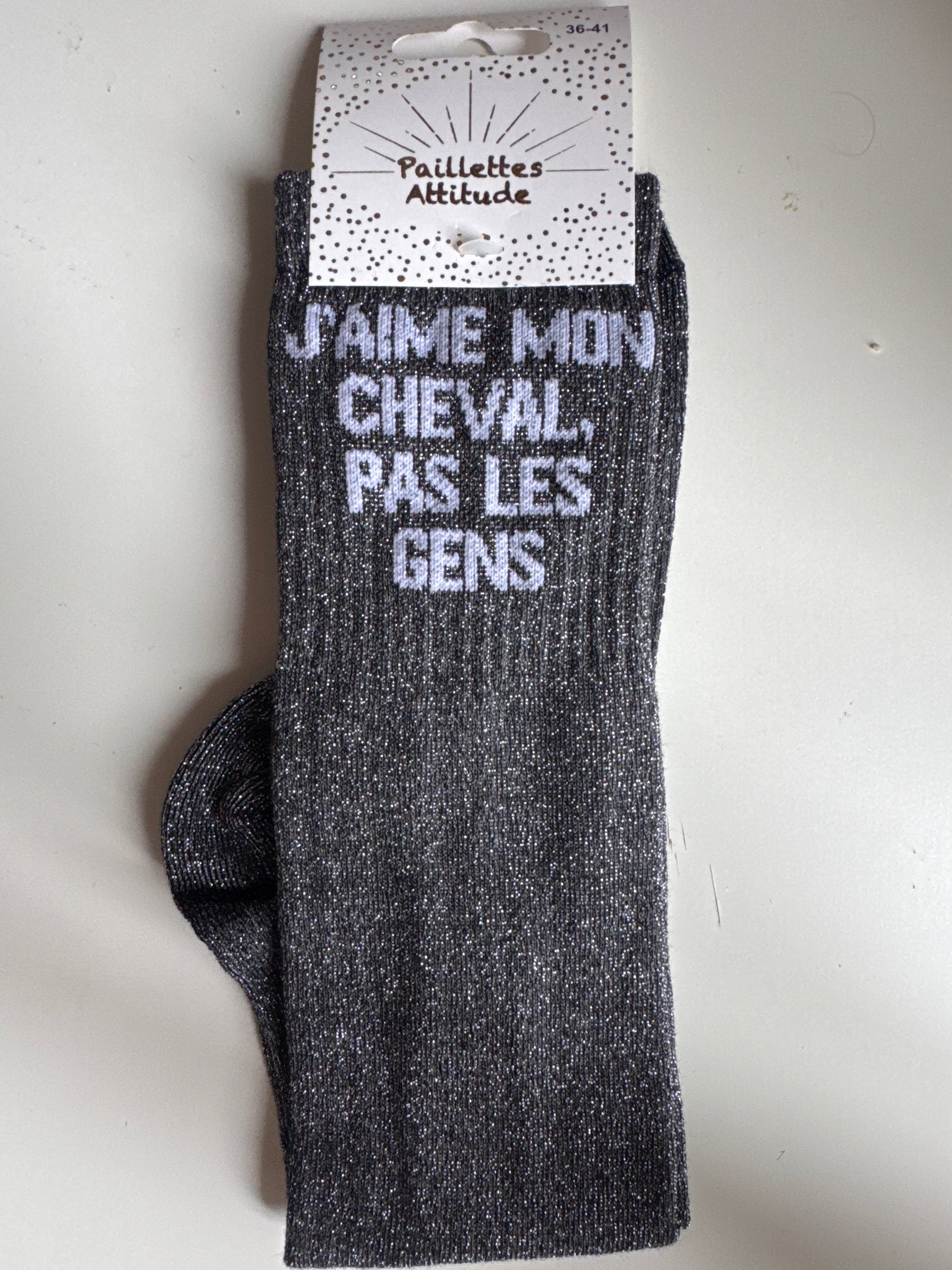 Chaussettes d’équitation pailletées – J’aime mon cheval, pas les gens