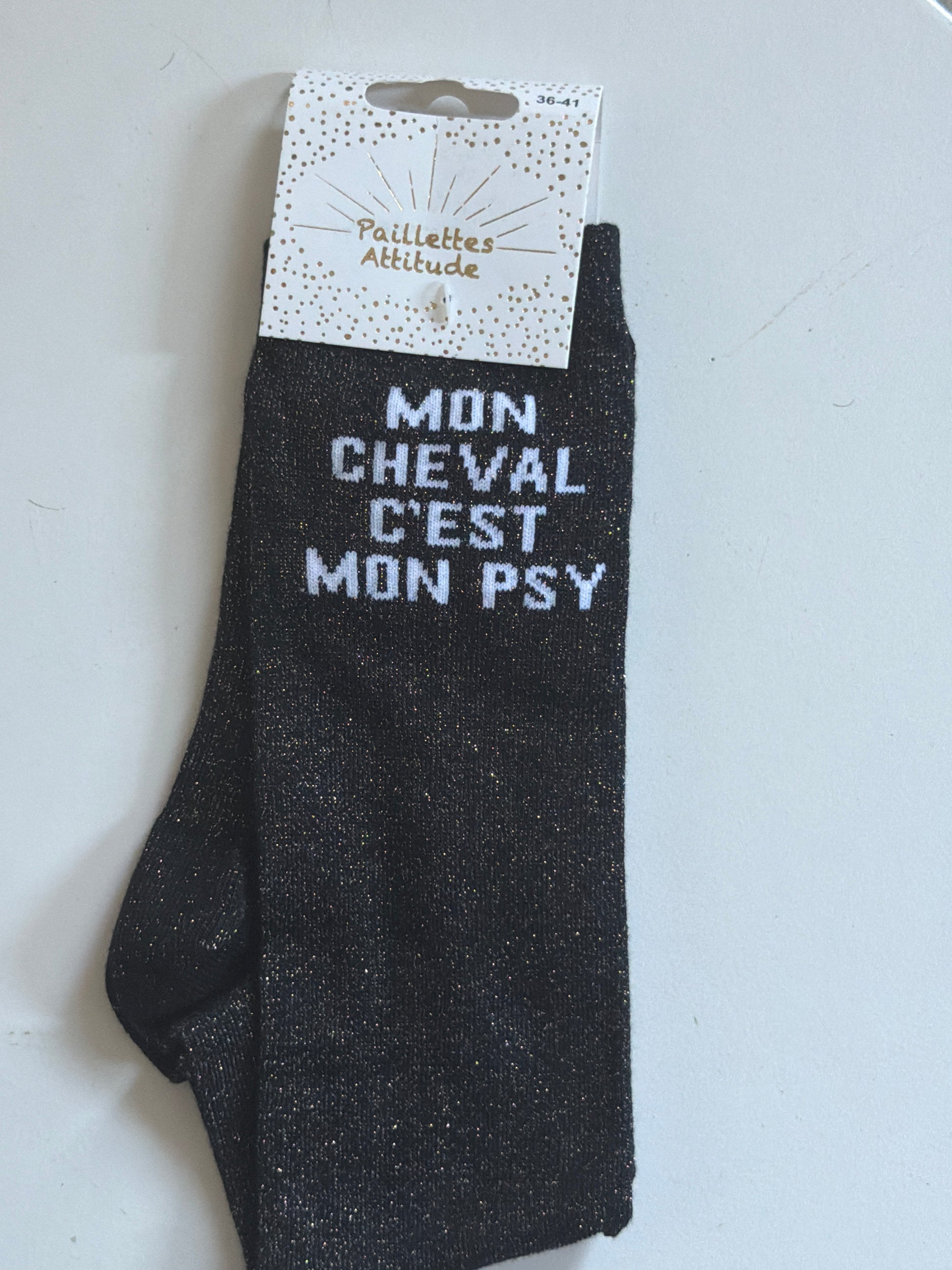 Chaussette pailletée équitation 36–41 MON CHEVAL C’EST MON PSY