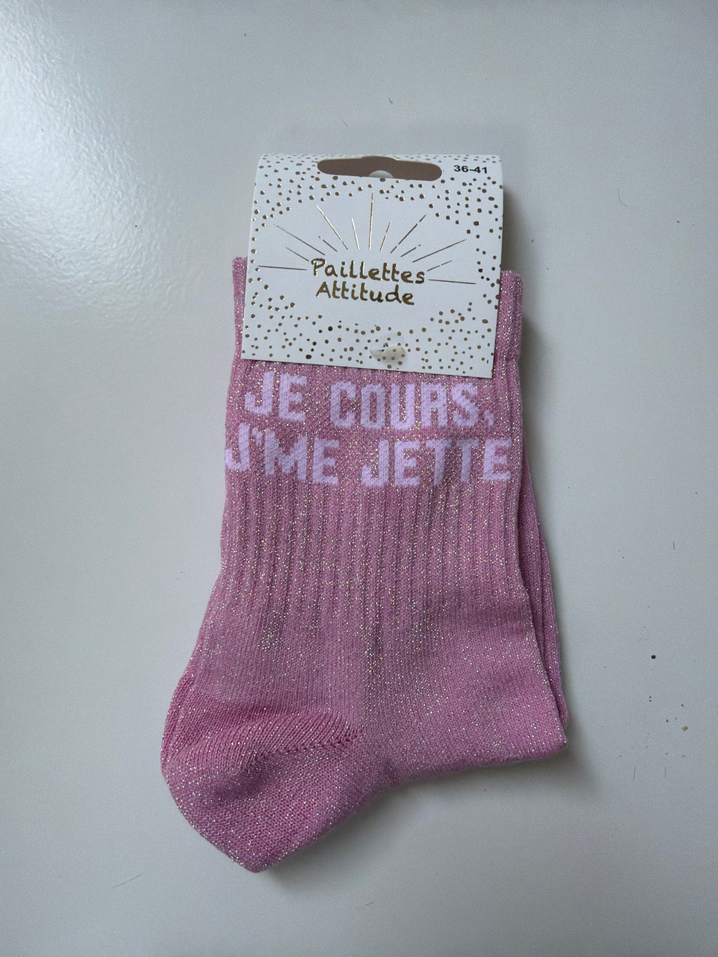 Chaussette de ville pailletée 36-41 JE COURS, J’ME JETTE