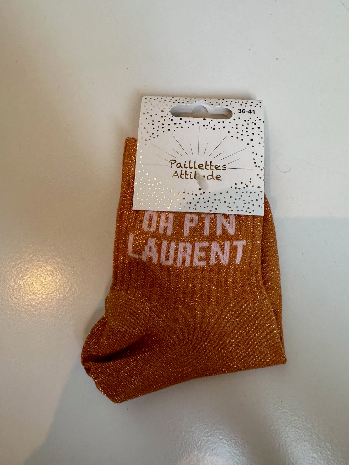 Chaussettes Marrons Pailletée « Oh ptn Laurent »