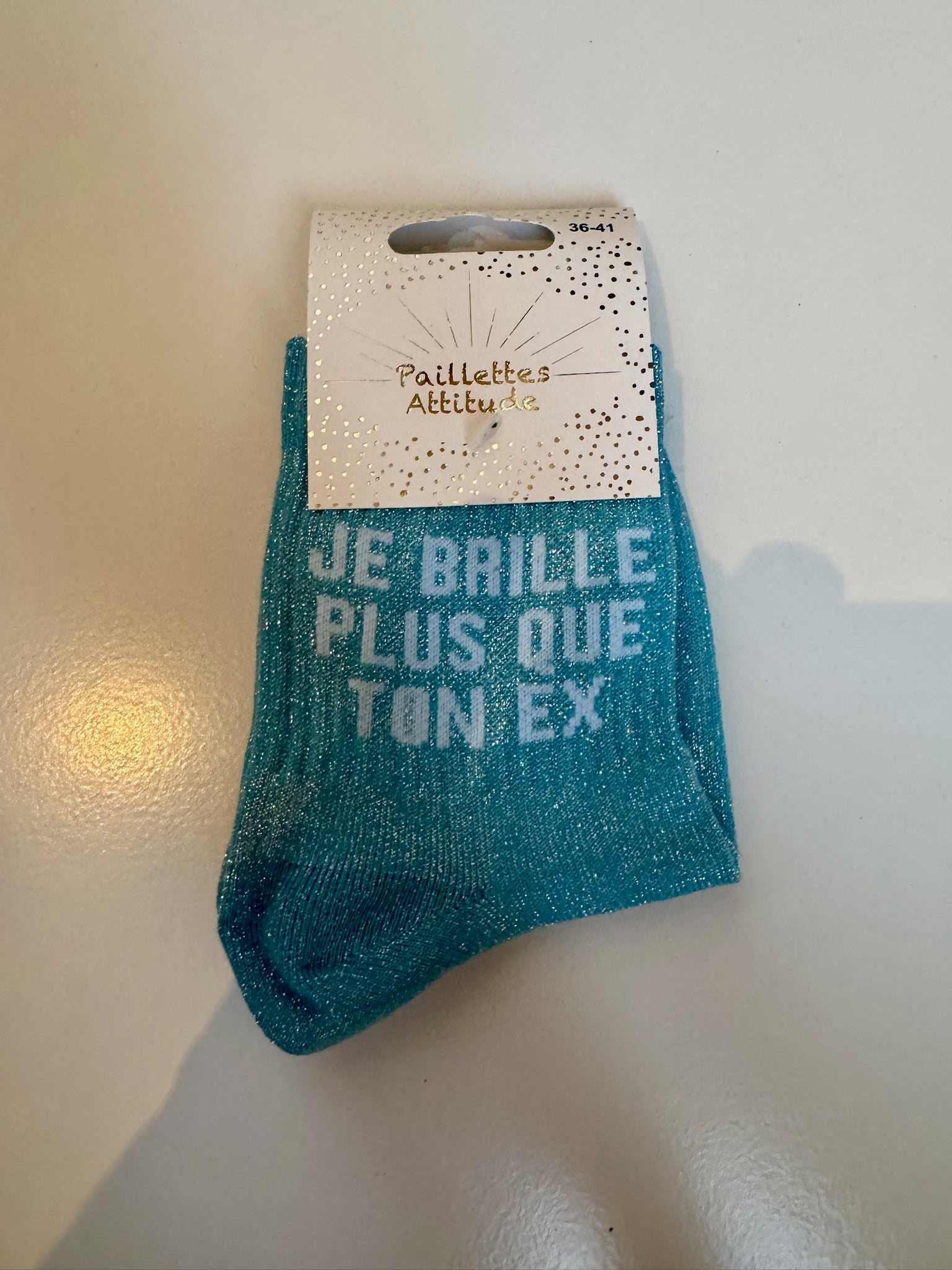 Chaussettes Bleu Pailletée « Je brille plus que ton ex »