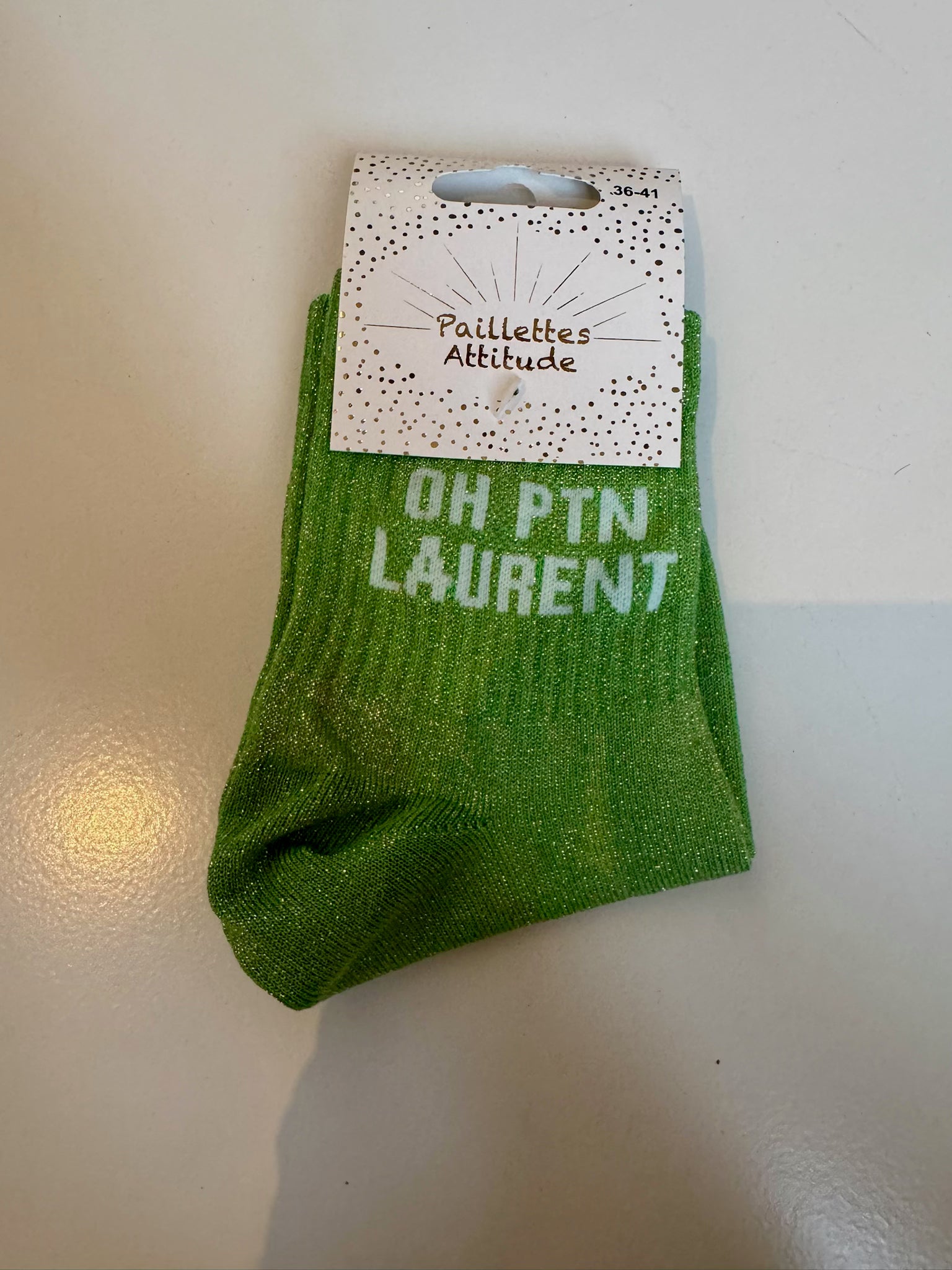 Chaussettes Vert Pailletée « Oh ptn Laurent »